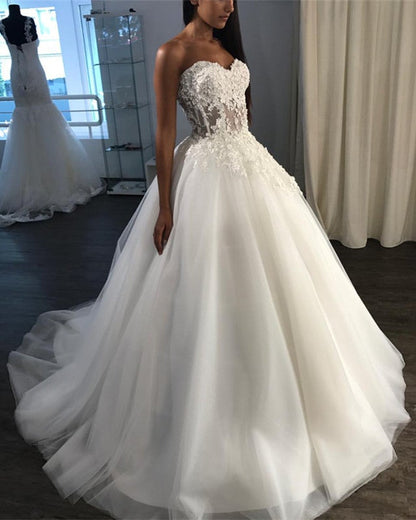 See Through Corset Wedding Dresses Ball Gown Tulle Sweetheart Appliques