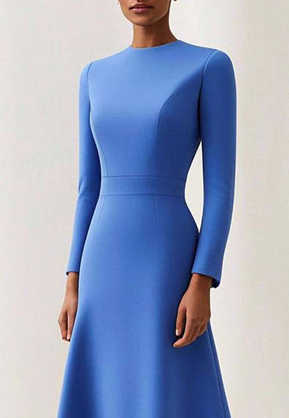 Semi-Formal Work Dress Blue Round Neck Long Sleeve Midi Dress