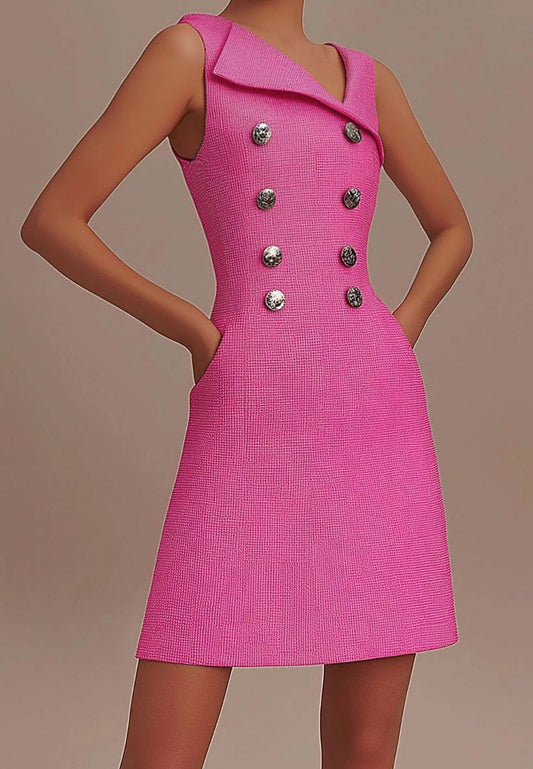 Semi-Formal Work Pink Dress Sleeveless Asymmetrical Neck Pocket Mini Dress