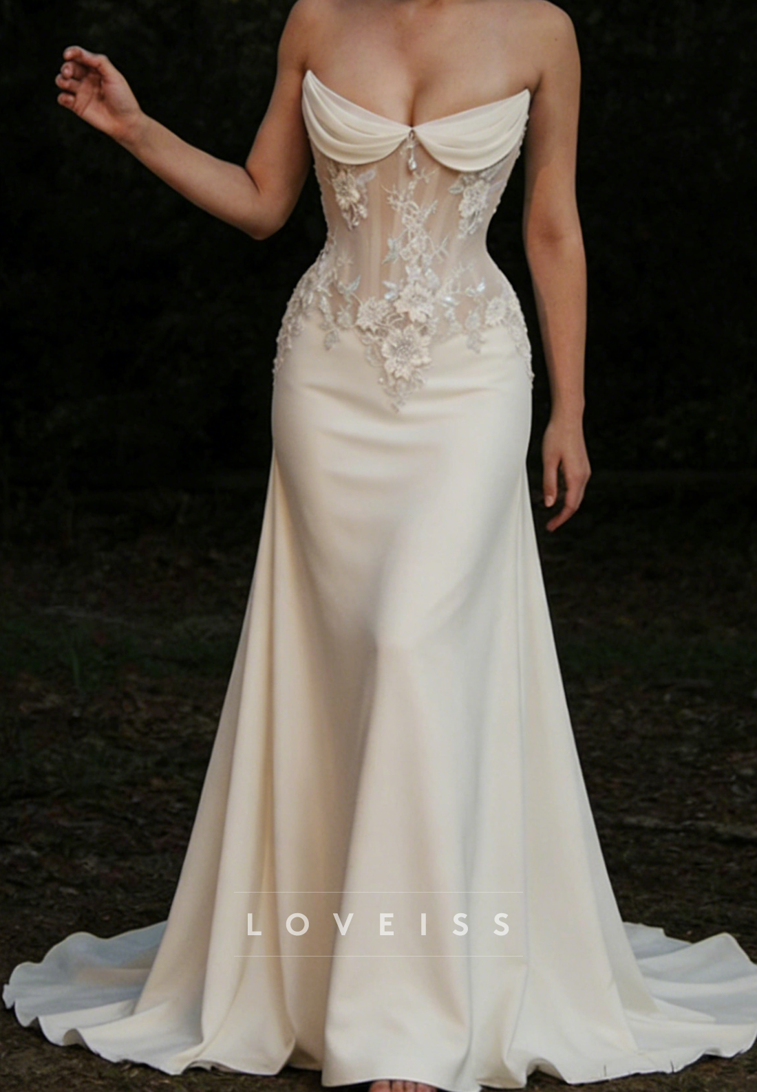 Semi-Sweetheart Appliques Sweep Train Mermaid  Wedding Dress