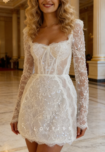 Semi-Sweetheart Long Sleeves Sequins Appliques Short A-Line Wedding Dress