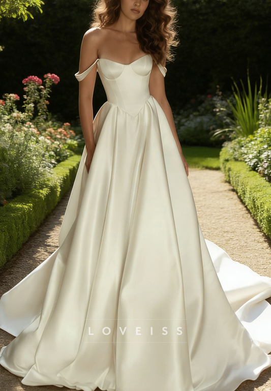 Semi-Sweetheart Satin Straps A-Line Simple Wedding Dress
