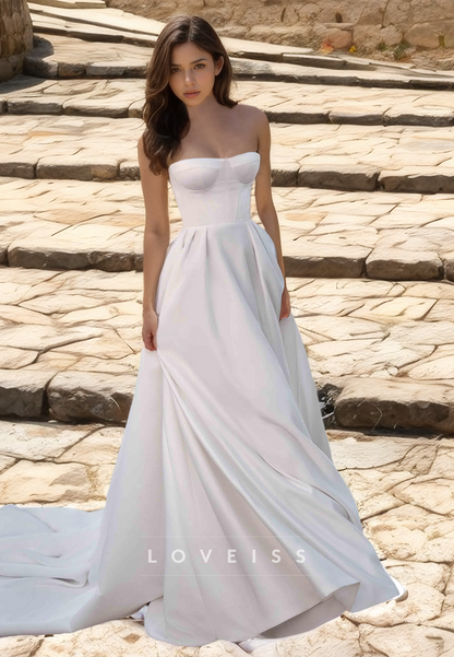 Semi-Sweetheart Sleeveless Pleated Satin A-Line Wedding Dress