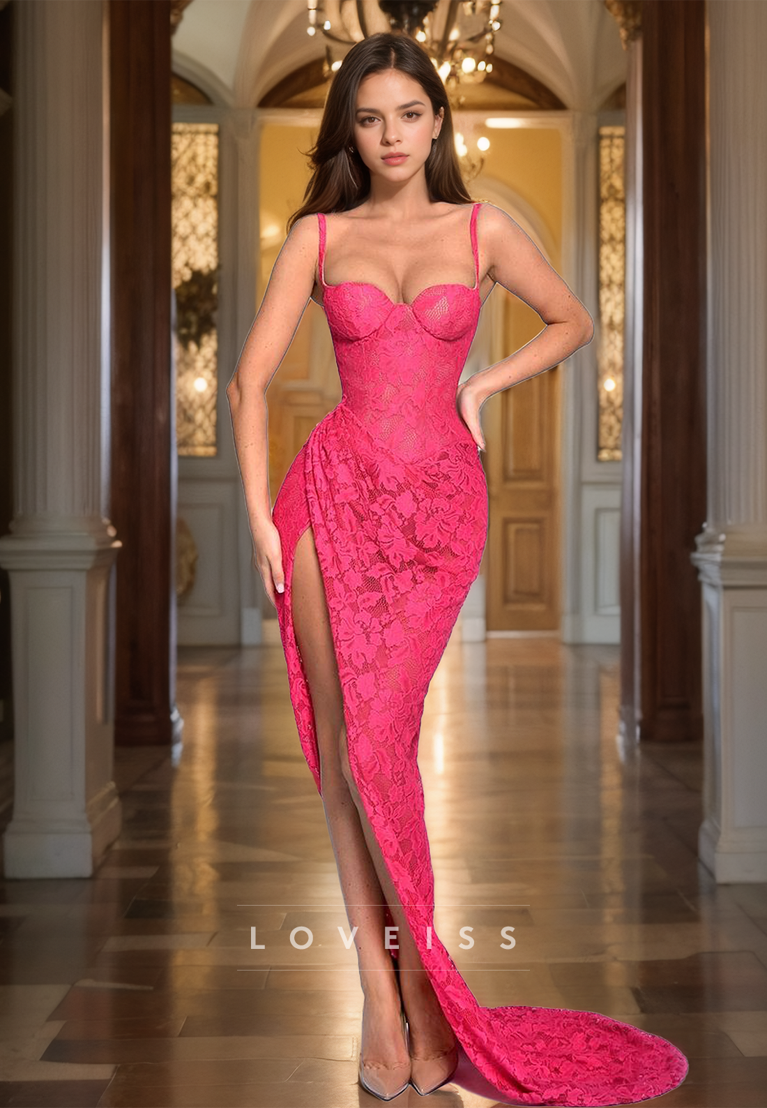 Semi-Sweetheart Spaghetti Straps Lace Appliques Ruched High Slit Sheath Prom Dress