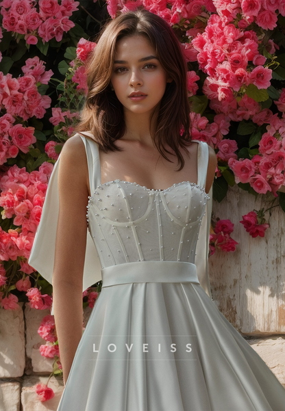 Semi-Sweetheart Straps Pearl Beaded Pleated Satin A-Line Wedding Dress