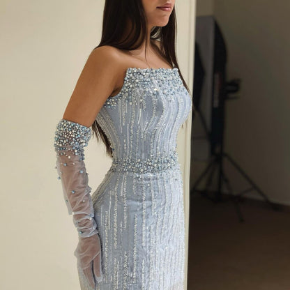 Elegant Light Blue Pearls Strapless Evening Dresses