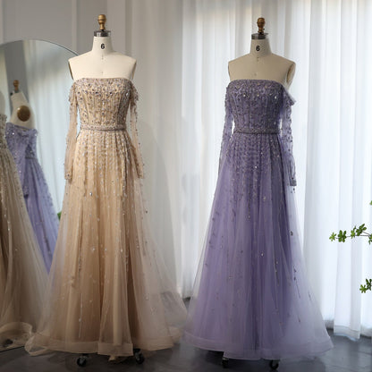 Luxury Nude Off Shoulder Long Sleeves Evening Dress