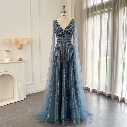 Luxury Beaded Nude Evening Dress with Cape Sleeves