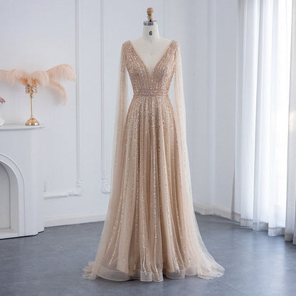 Luxury Beaded Nude Evening Dress with Cape Sleeves