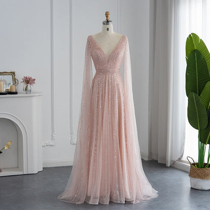 Luxury Beaded Nude Evening Dress with Cape Sleeves