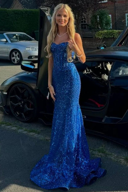 Shiny Light Blue Mermaid Spaghetti Straps Long Beaded Prom Dress