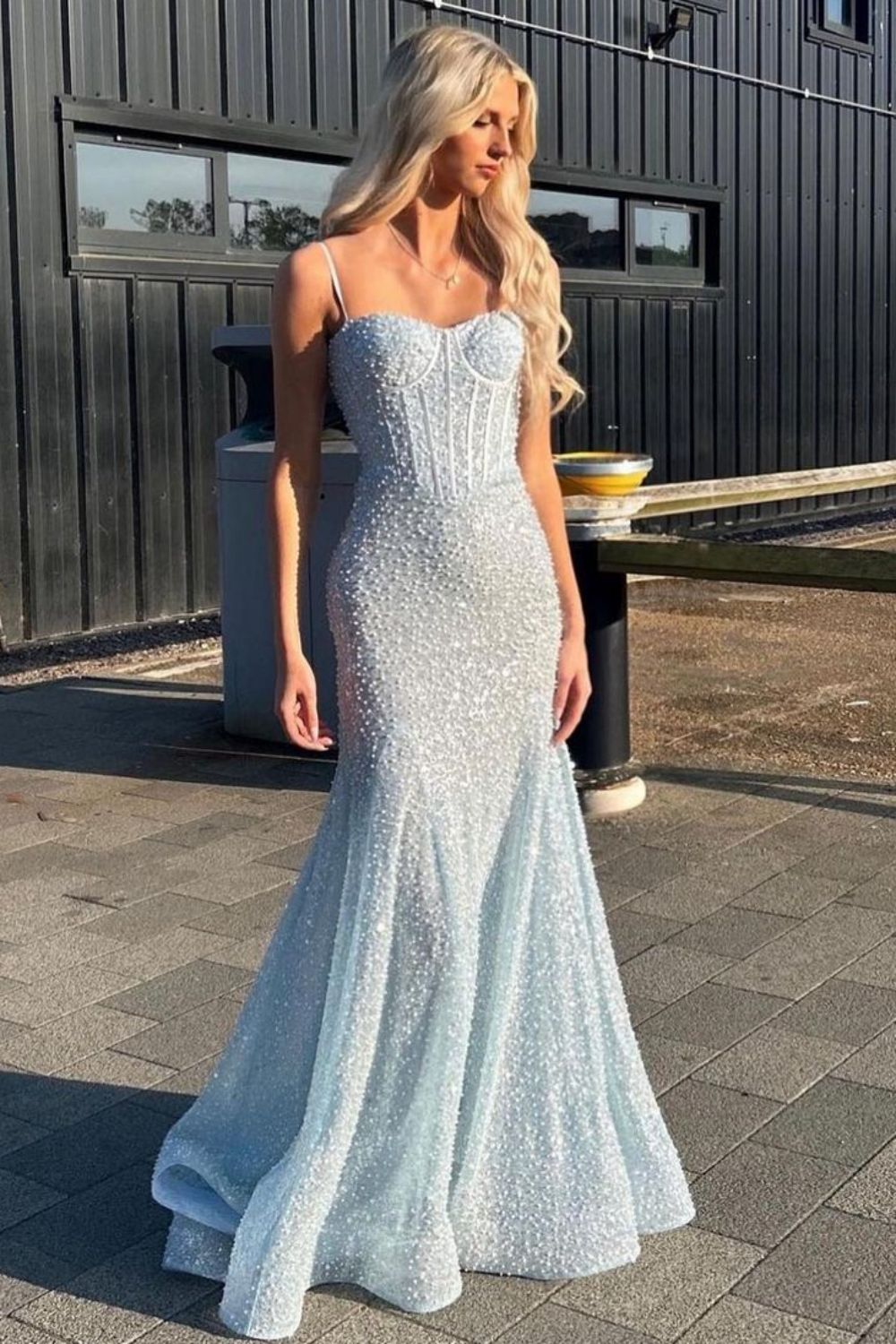 Shiny Light Blue Mermaid Spaghetti Straps Long Beaded Prom Dress