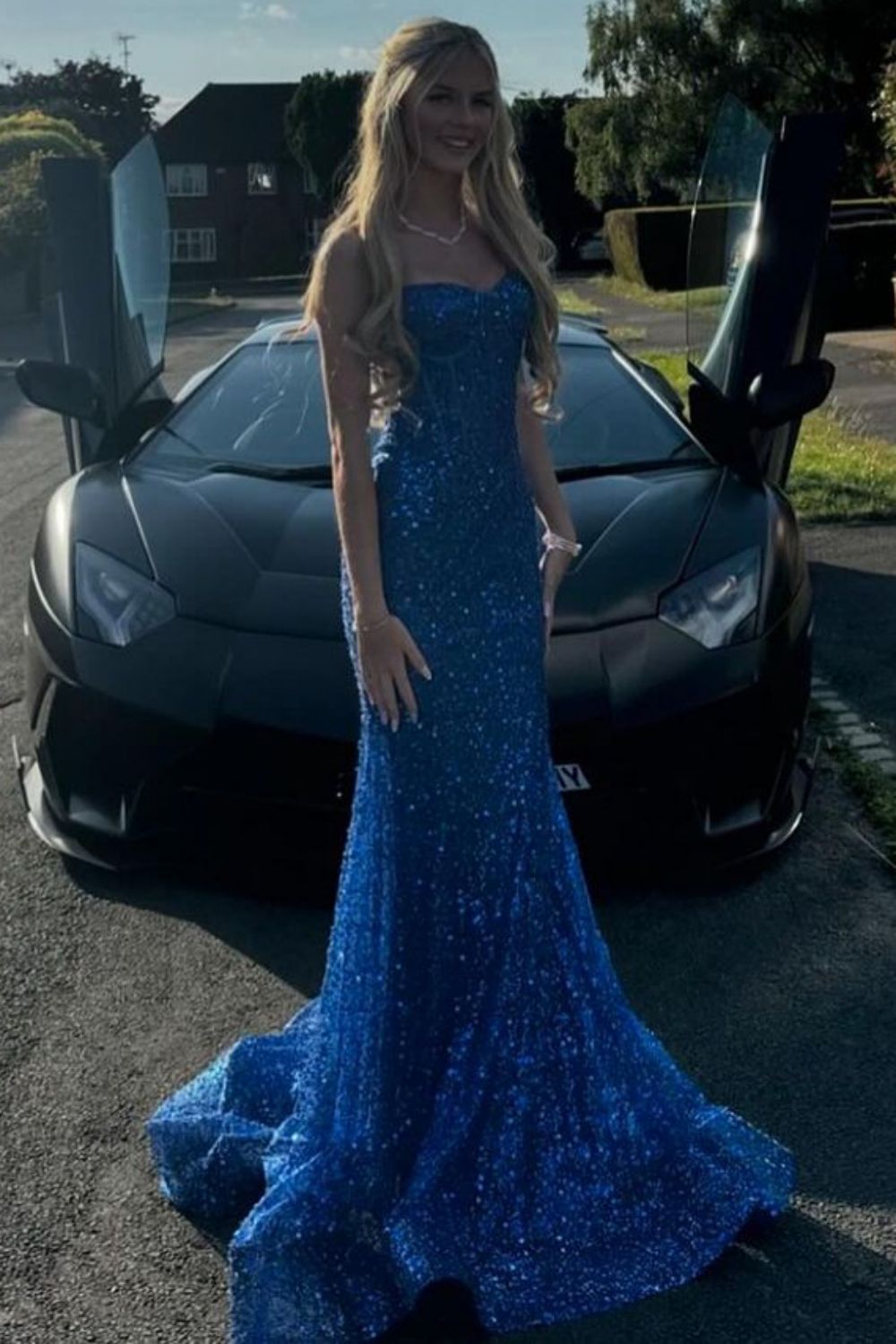 Shiny Light Blue Mermaid Spaghetti Straps Long Beaded Prom Dress