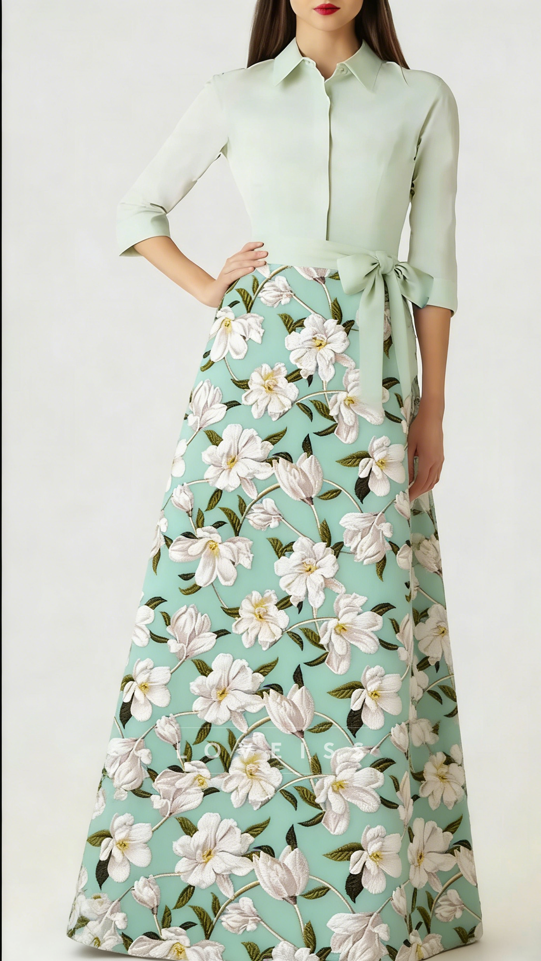 Shirt Collar Half Sleeves Floral Printed A-Line Mother of Bride Dress