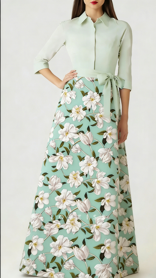 Shirt Collar Half Sleeves Floral Printed A-Line Mother of Bride Dress