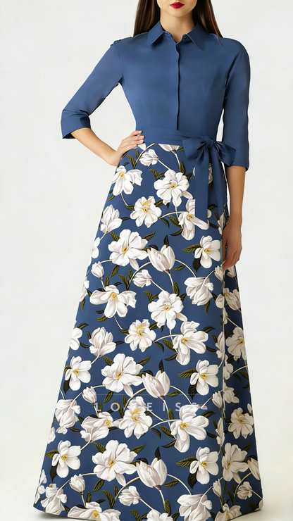 Shirt Collar Half Sleeves Floral Printed A-Line Mother of Bride Dress