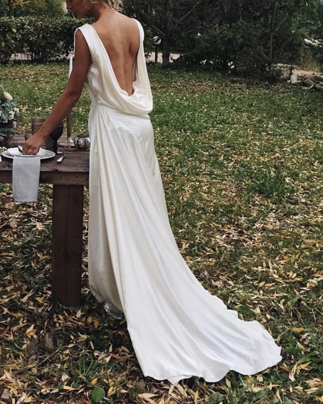 Simple Boho Wedding Dress Satin Draped Back