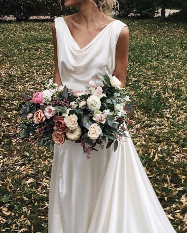 Simple Boho Wedding Dress Satin Draped Back