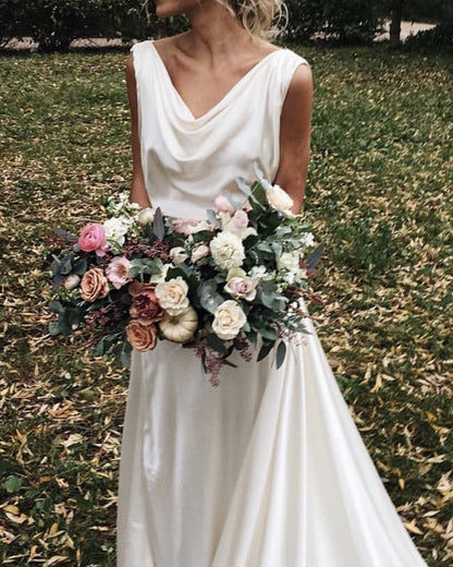 Simple Boho Wedding Dress Satin Draped Back