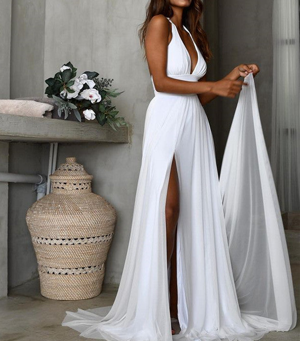 Simple Long Chiffon White Beach Minimalist Wedding Dresses Summer Maxi Dresses