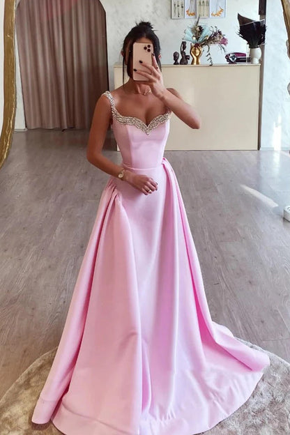 Simple A Line Satin Pink Long Prom Dresses with Beadings