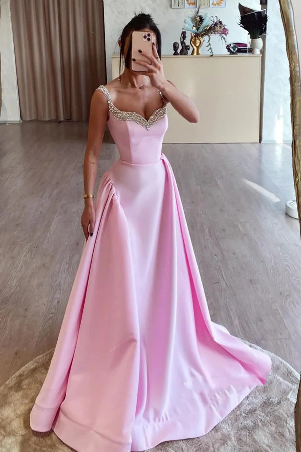 Simple A Line Satin Pink Long Prom Dresses with Beadings