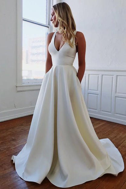 Simple Satin Minimalist Wedding Dresses V Neck Sleeveless with Pockets Bow