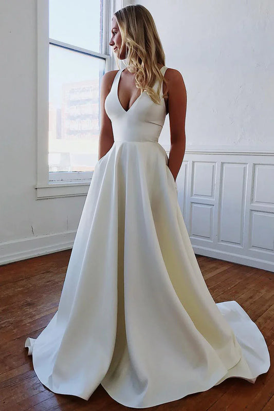 Simple Satin Minimalist Wedding Dresses V Neck Sleeveless with Pockets Bow