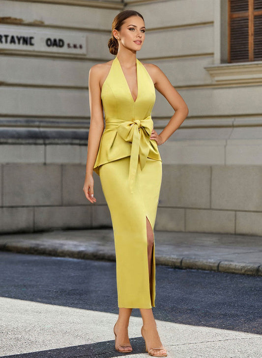 Sheath/Column Halter Sleeveless Tea-Length Mother of the Bride Dresses with Bowknot