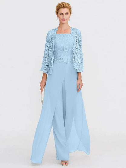 3 Piece Chiffon Square Neck Mother of the Bride Pantsuits with Jacket