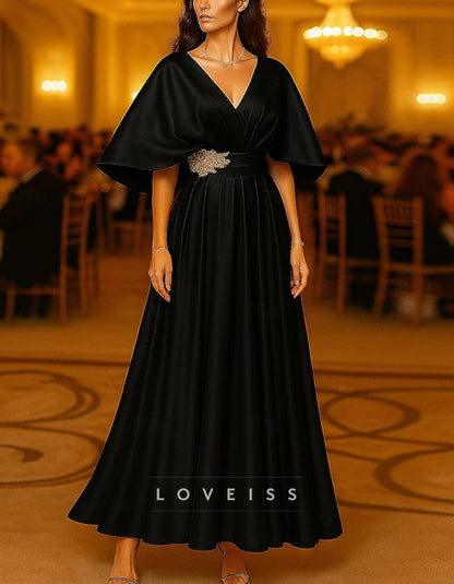 Solid Color Short Sleeved V-neck Satin Maxi Dress