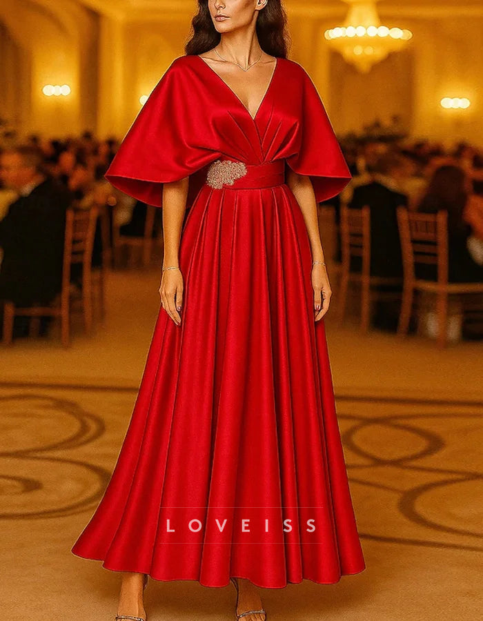 Solid Color Short Sleeved V-neck Satin Maxi Dress