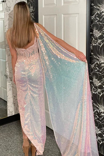 Sparkly One Shoulder Sequined Appliques Light Pink Prom Dress