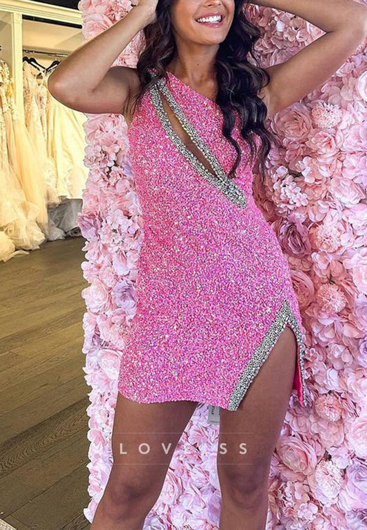 Sparkly One Shoulder Sequins Beaded Sheath Party Homecoming Dress