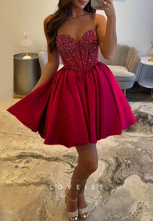 Sparkly Red Beaded Pleated Sweetheart A-Line Party Homecoming Dress