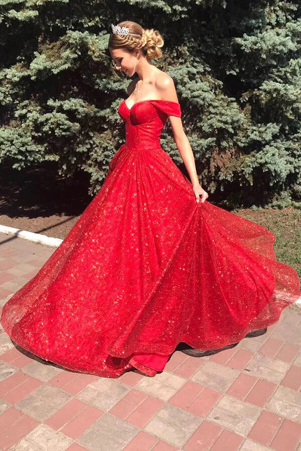 Sparkly Tulle Red A-line Off Shoulder Long Prom Dresses, Evening Dresses