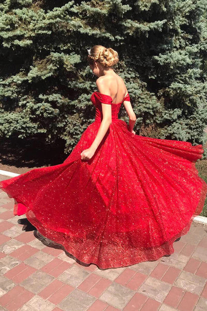 Sparkly Tulle Red A-line Off Shoulder Long Prom Dresses, Evening Dresses