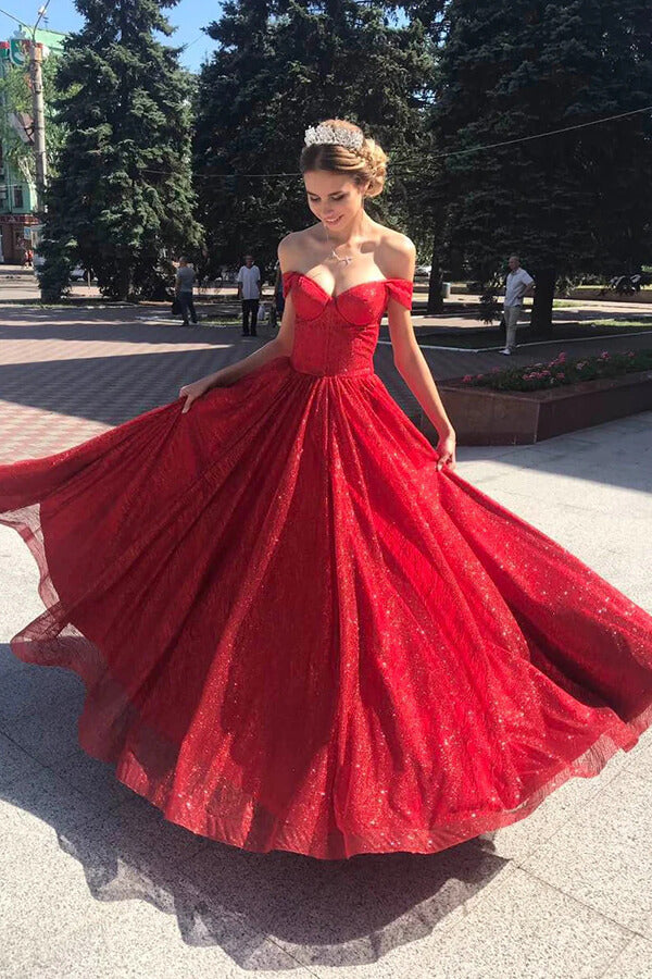 Sparkly Tulle Red A-line Off Shoulder Long Prom Dresses, Evening Dresses