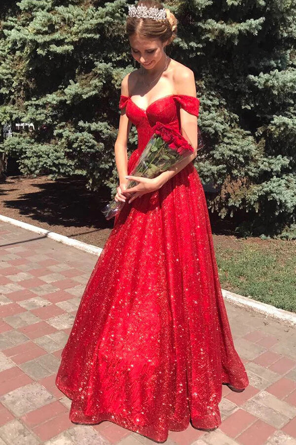 Sparkly Tulle Red A-line Off Shoulder Long Prom Dresses, Evening Dresses