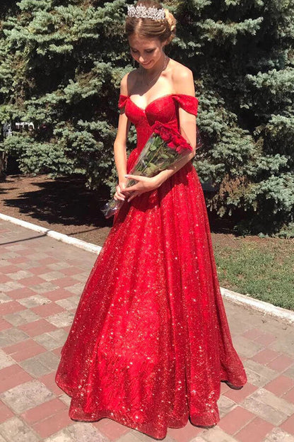 Sparkly Tulle Red A-line Off Shoulder Long Prom Dresses, Evening Dresses
