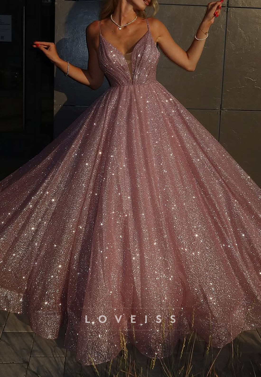 Sparkly V-Neck Spaghetti Straps A-Line Prom Dress