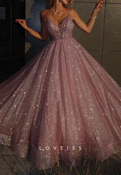 Sparkly V-Neck Spaghetti Straps A-Line Prom Dress