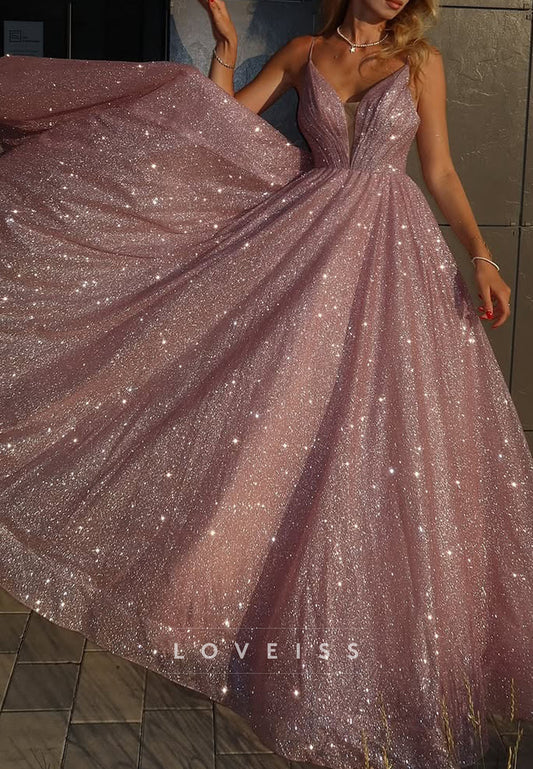 Sparkly V-Neck Spaghetti Straps A-Line Prom Dress