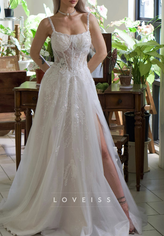 Square Beaded Embroidery Appliques A-Line Wedding Dress