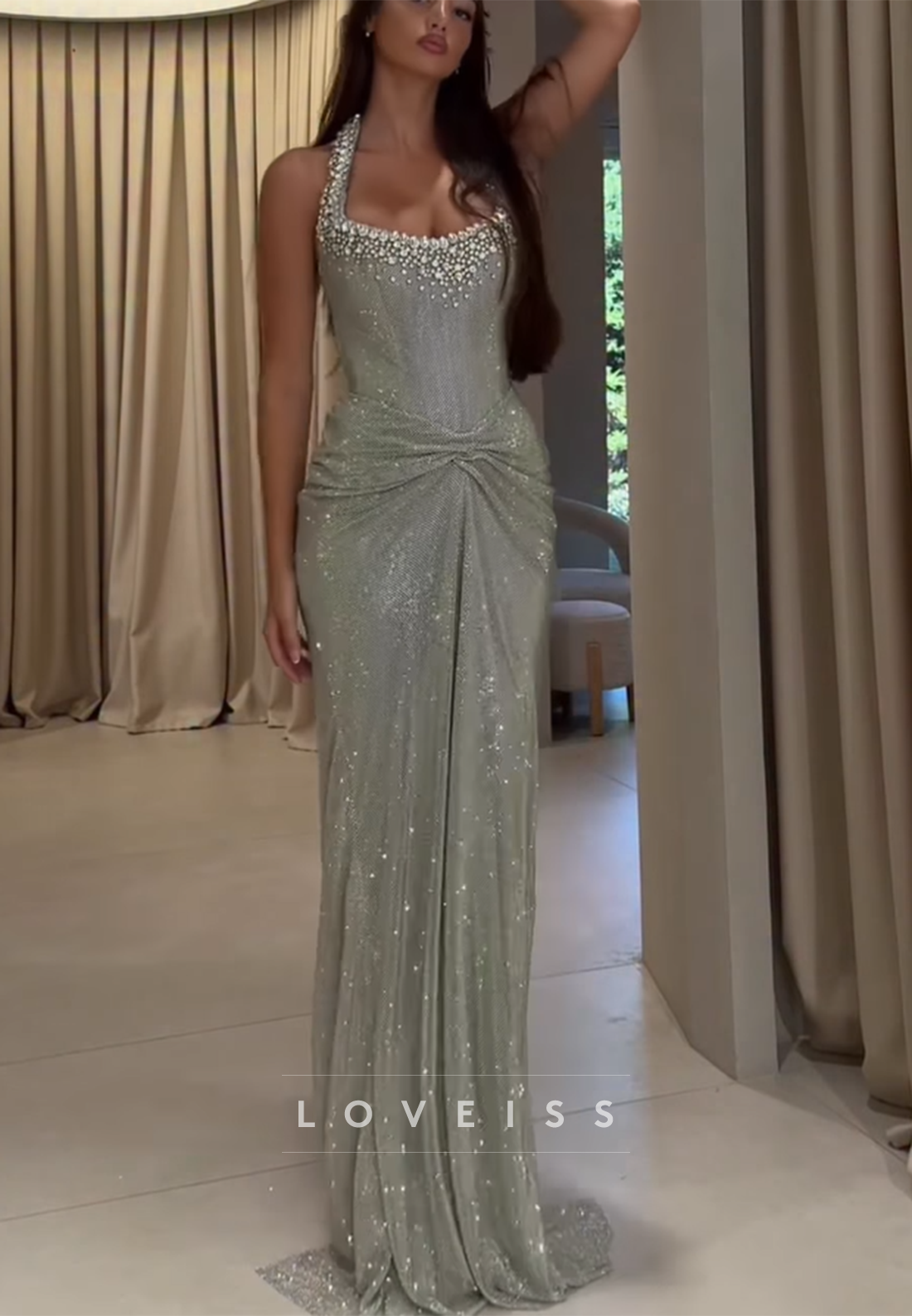 Square Beaded Ruched Sparkly Mermaid Prom Dress