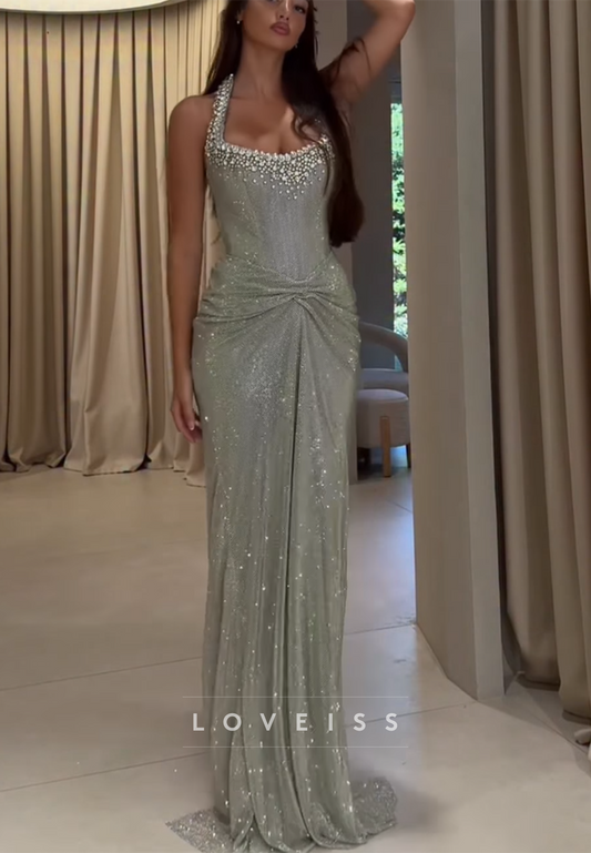 Square Beaded Ruched Sparkly Mermaid Prom Dress