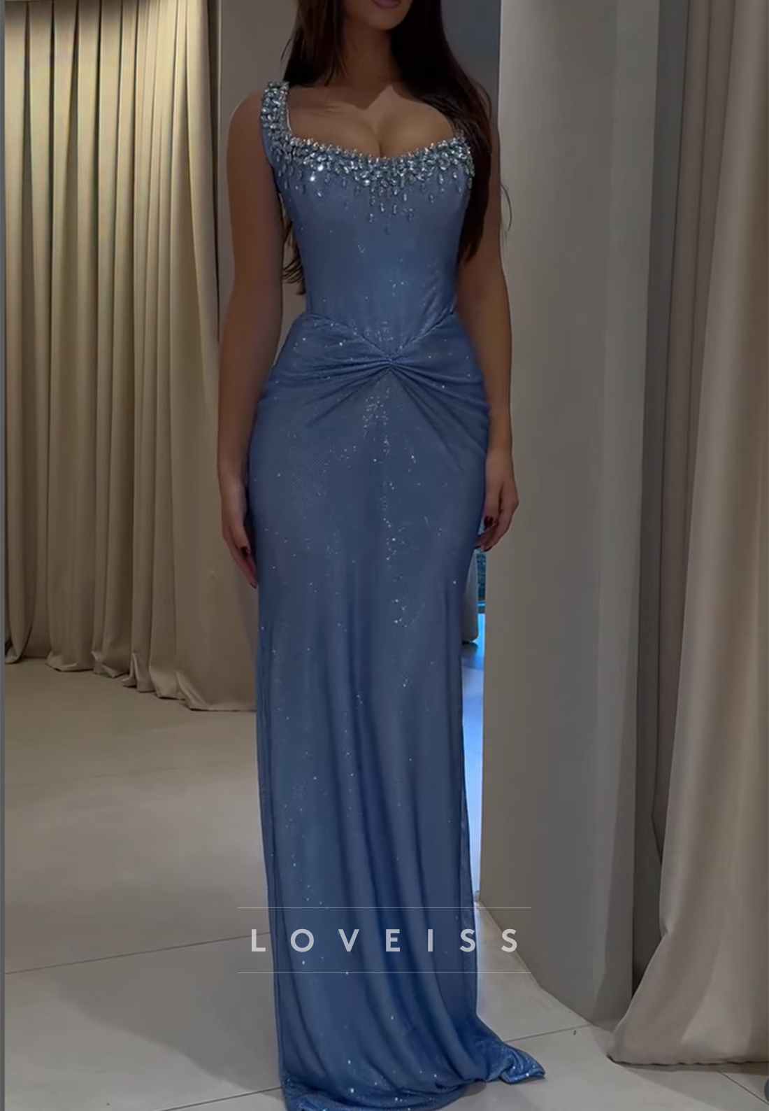 Square Beaded Ruched Sparkly Mermaid Prom Dress