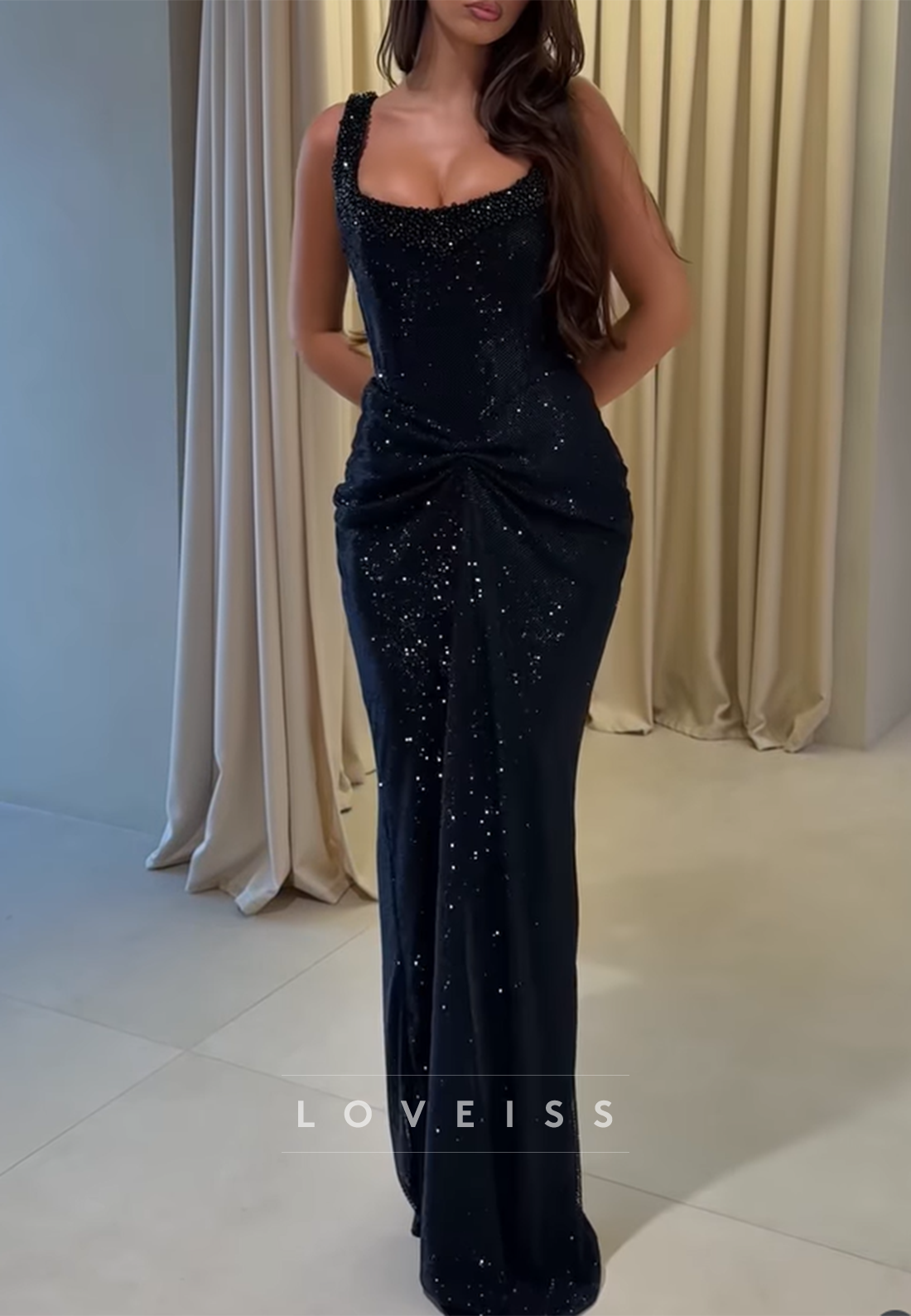 Square Beaded Ruched Sparkly Mermaid Prom Dress