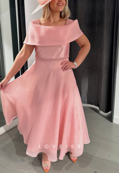 Square Beaded Short Sleeves A-Line Mother of Bride Dress