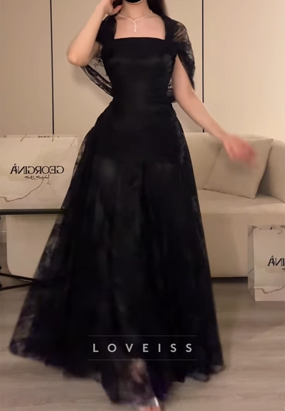 Square Cap Sleeves Evening Dress Lace Appliques A-Line Prom Dress